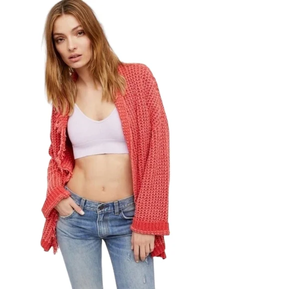Free People "I'll Be Around" Coral Woven Silk Blend Fringe Open Cardigan - Picture 1 of 13